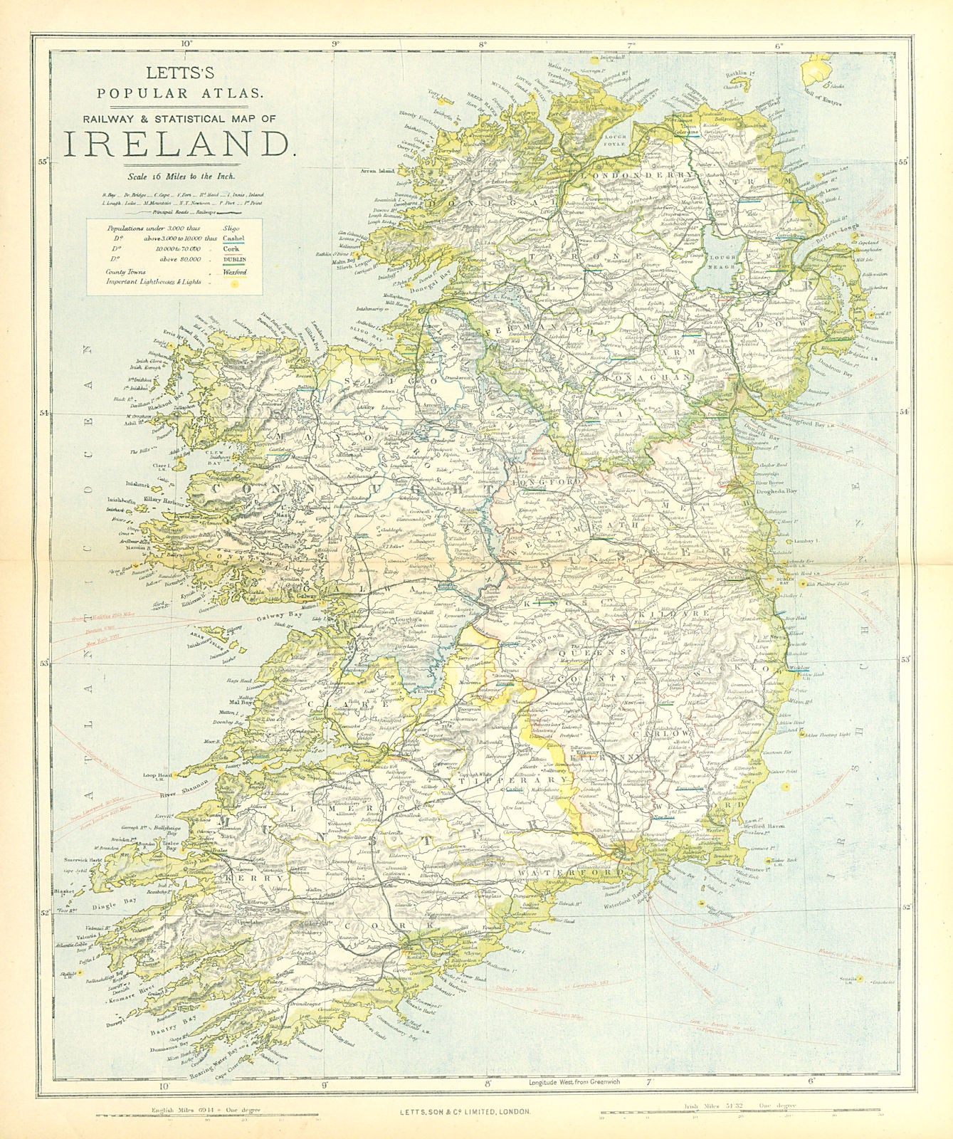 IRELAND. Showing roads, railways, counties & provinces. LETTS 1883 old map